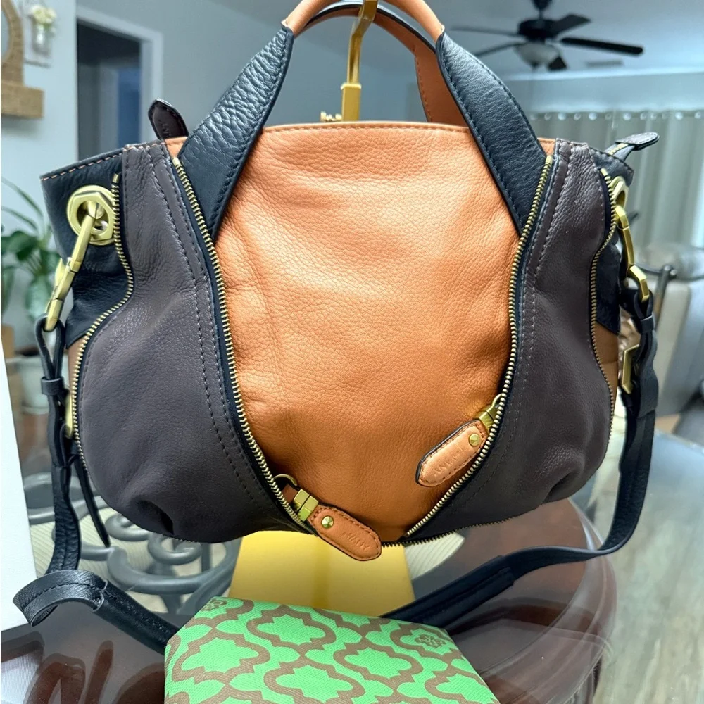 orYANY Brown and Tan Two-Tone Leather Satchel - Picture 3 of 9